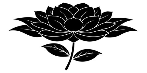 Black and white vector illustration of a floral lotus blossom with a vintage leaf pattern