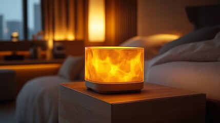 Ambient Mood Lighting: A Serene Nightstand Lamp Illuminates a Modern Bedroom
