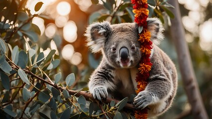 Fototapeta premium Koala Sitting on Branch with Flowers Surrounded by Eucalyptus Leaves
