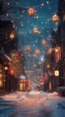 Obraz premium Snowy street, glowing lanterns, festive decorations.
