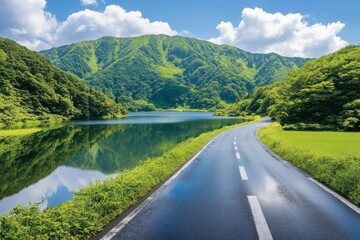 Serene mountain road reflecting in a tranquil lake. Lush green hills and vibrant foliage line the scenic route