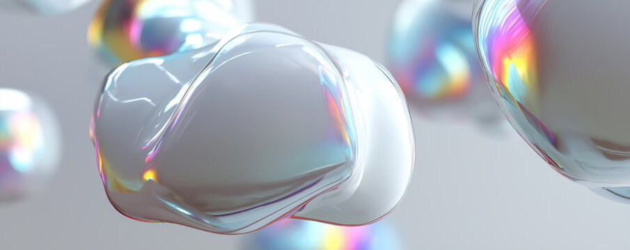 Holographic morphing fluid shape floating on white background