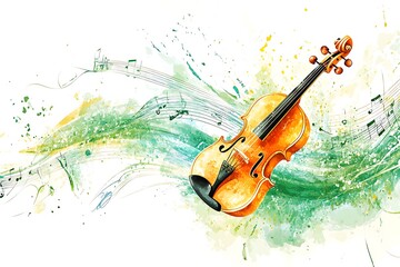 A captivating watercolor illustration of an Irish fiddle paired with flowing musical notes is ideal for St. Patrick's Day event promotions, posters, and branding.