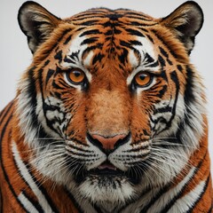 "A stylized, geometric tiger head with bold orange and black patterns on white"