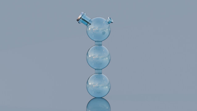 Round glass flack (beaker) isolated on a neutral blue background, 3D photorealistic render