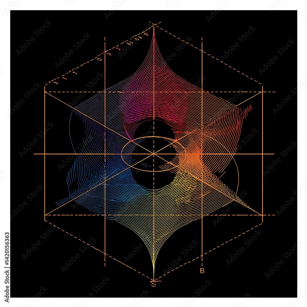 Poster geometric abstract art with lines and curves exploring shape and color in a modern design concept.