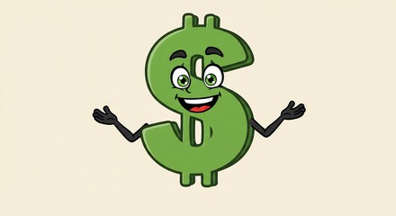 Fototapeta premium Happy green dollar sign cartoon character welcoming
