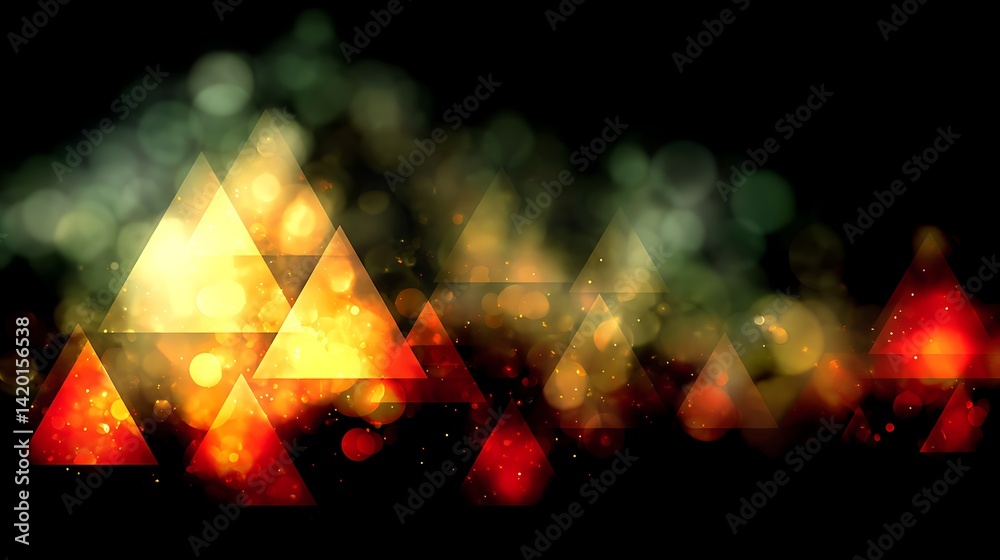 Poster geometric abstract triangle cascade with bokeh light effects on dark background decorative element.