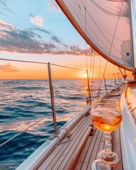 Fototapeta premium A serene sunset view from a sailboat, featuring a glass of sparkling wine, creating a tranquil atmosphere over the ocean waves.