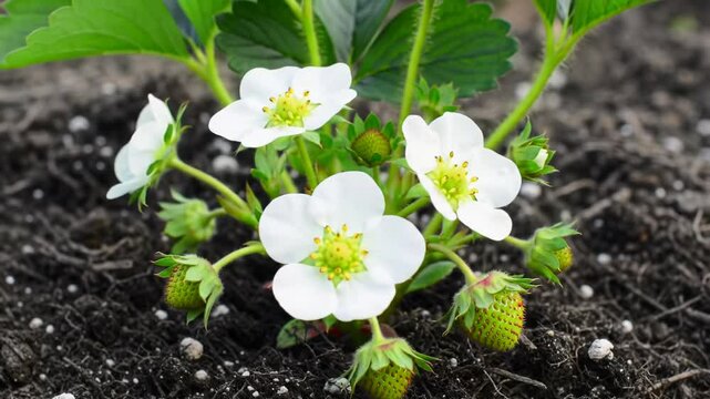 Observe the captivating growth process of flowers transforming into strawberries on a bush over time. Experience the enchanting journey of nature's cycle from bloom to harvest.