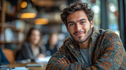 Obraz premium Young man smiling indoors with blurred people in the background.