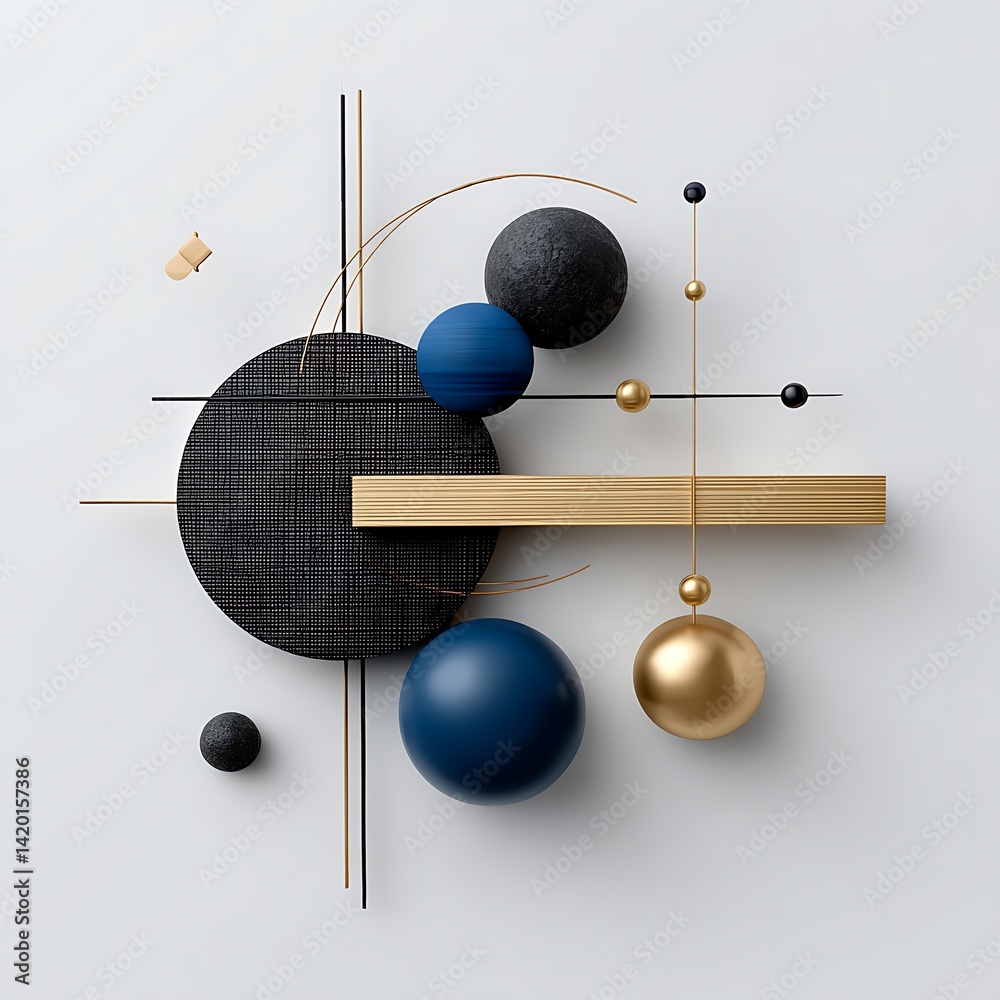 Poster geometric composition of spheres and lines against minimalistic background concept abstraction.