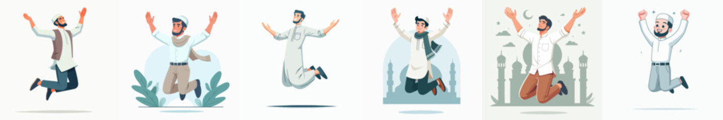 Vector collection of a man in Muslim clothing wearing a peci with various body gestures