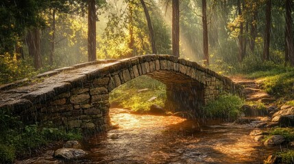 Stone arch bridge, rain, sunlit stream, forest.
