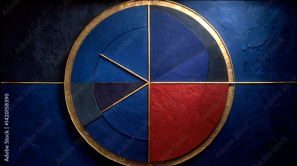 Poster geometric harmony circular design with textured surfaces and angular divisions in blue and red palet