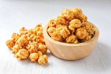  Caramel  popcorn  in wooden bowl on white background t ,Snack	