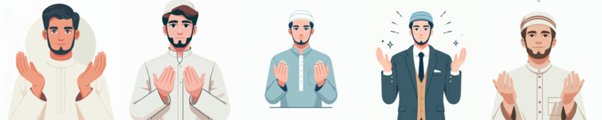 Vector collection of a man in Muslim clothing wearing a peci with various body gestures