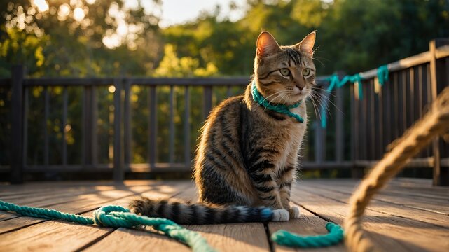 Sitting tabby cat outdoors wearing rope collar on wooden deck