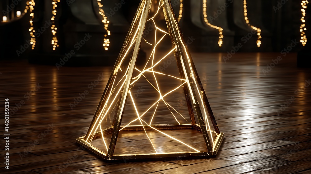Poster Geometric Pyramidal Structure with Illuminating Internal Light Source on Wood Floor Surface.