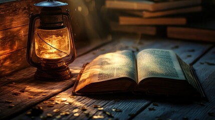 Open book beside lantern with scattered leaves at dusk