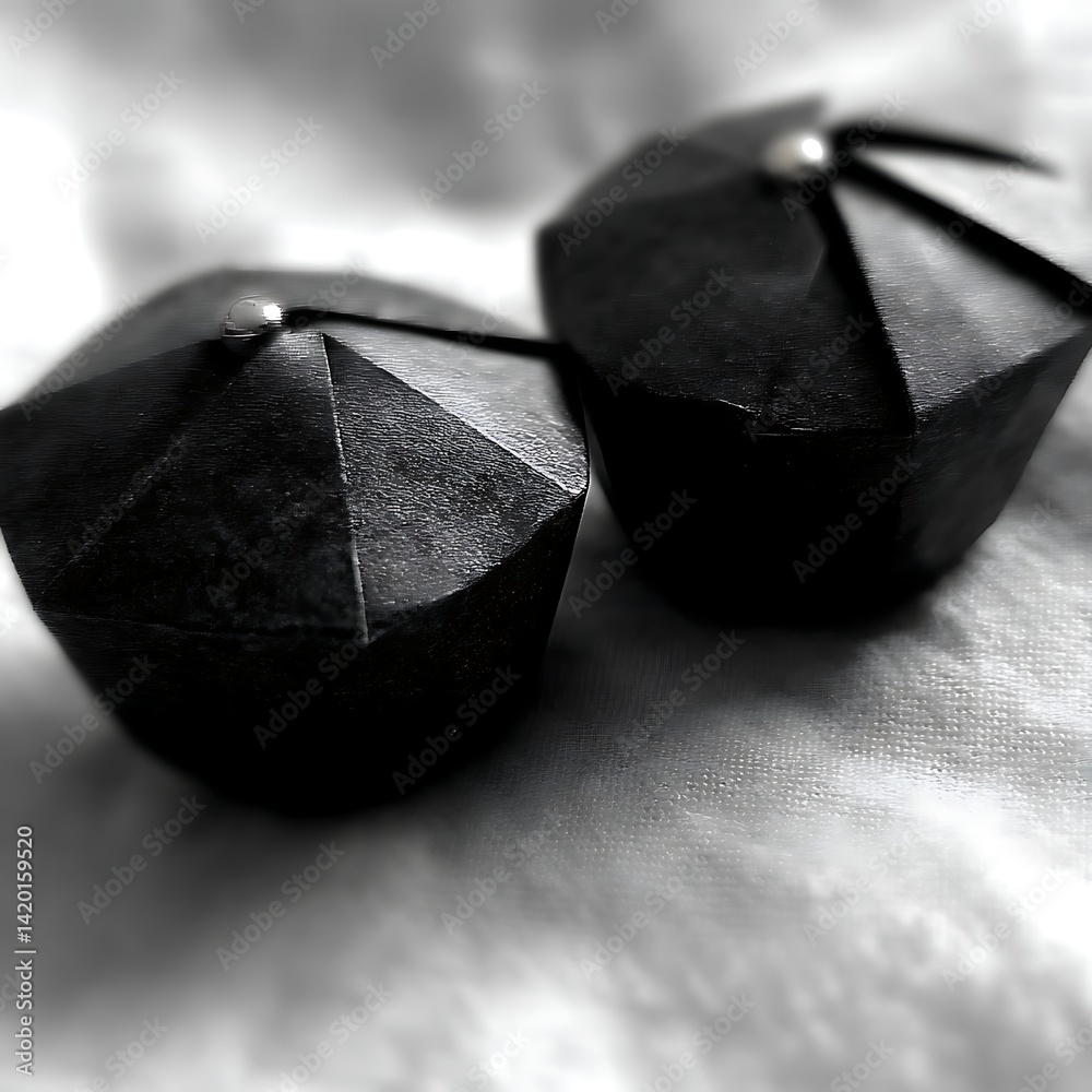 Poster geometric shapes in muted tones abstract composition of two polyhedral objects in simple setting.