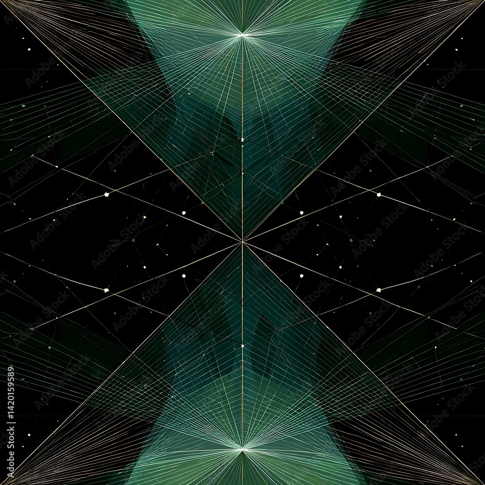 Poster geometric space starburst pattern design with triangular shapes and golden grid lines for futuristic