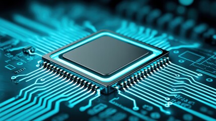 A close-up view of a microchip on a circuit board surrounded by glowing blue lines, representing advanced technology and electronics.