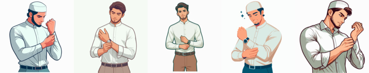 Vector collection of a man in Muslim clothing wearing a peci with various body gestures