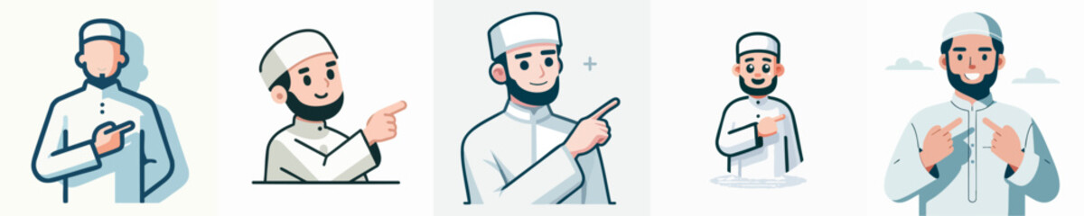 Vector collection of a man in Muslim clothing wearing a peci with various body gestures