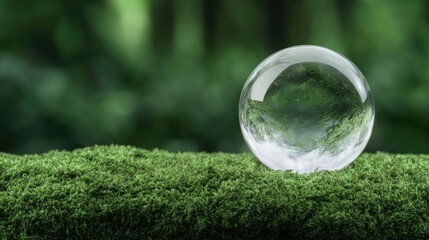 Crystal sphere on moss, tranquil forest backdrop