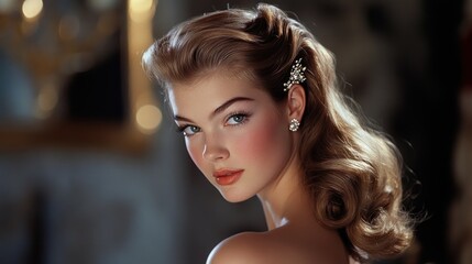 Fototapeta premium Elegant woman with vintage hairstyle in soft lighting