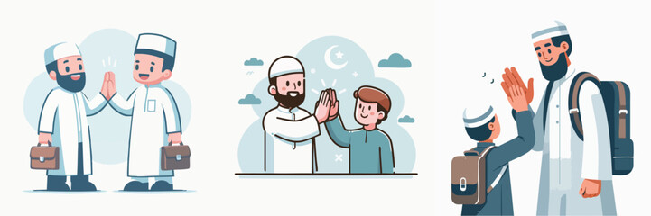 Vector collection of a man in Muslim clothing wearing a peci with various body gestures