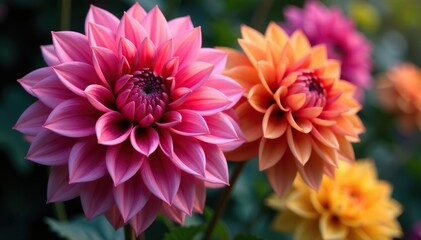 Intricate dahlia blooms, vibrant colors, lush petals , macro, decoration, pattern