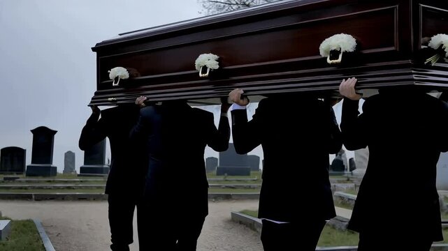 Back view of four unrecognizable men dressed in black suits solemnly carrying a dark wooden coffin adorned with white flowers