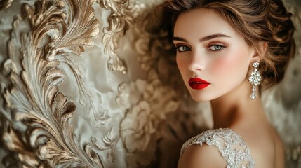 Elegant woman in bridal attire against ornate backdrop