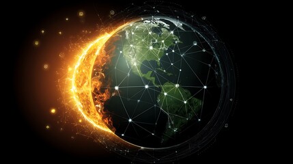 Obraz premium Global Interconnectivity Network Earth on Fire Technological Advancement and Digital Communication.