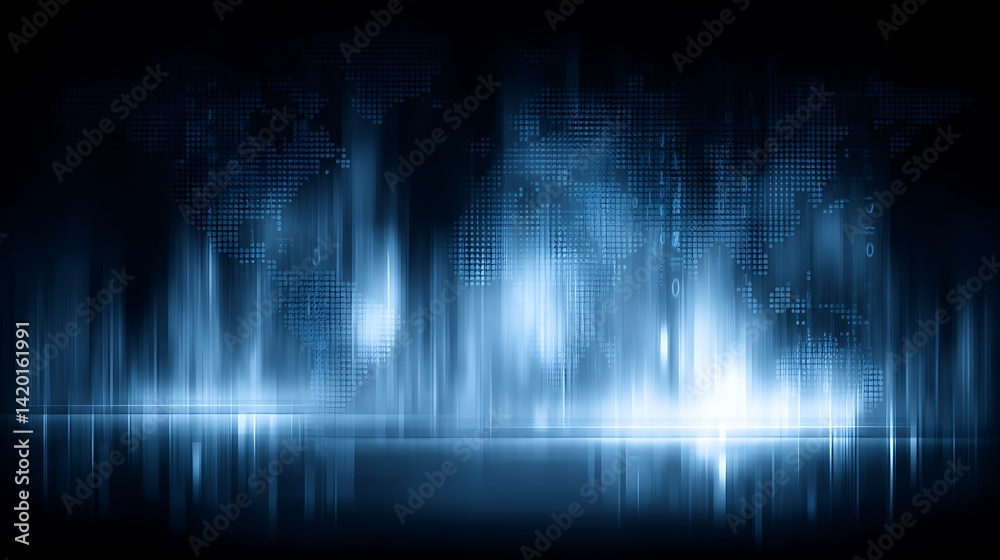 Poster glowing blue digital world map with data streams and reflections abstract visual