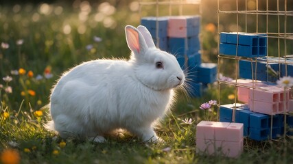 White Rabbit Standing in Grassy Field with Toys and Flowers