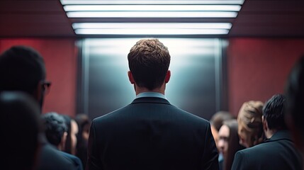 A diverse group of people stands in a well-lit, modern office space, engaged in a discussion.