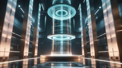 Futuristic technology chamber with a glowing energy core and advanced machinery in a high-tech facility.

 - Powered by Adobe