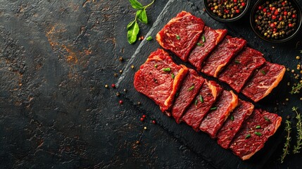 Fresh and juicy raw beefsteak meat cut into strips with herbs and pepper on dark textured surface for barbecue grilling or cooking