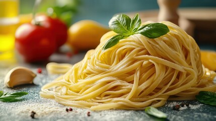 Close-up of freshly cooked spaghetti pasta served with fresh basil leaves, surrounded by colorful vegetables and garlic on a rustic kitchen countertop