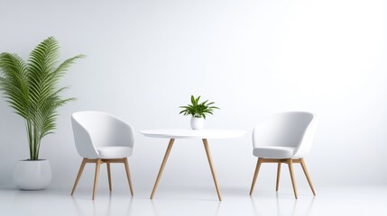 Modern, minimalist, white living area with a small table and chairs.  A palm tree adds a touch of nature