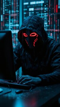 Cyberpunk Hacker Typing Intense Red Glowing Mask Dark Blue Ambient Light. AI Generated