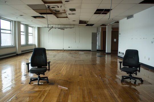 Abandoned Office Space, Deserted Chairs in a Derelict Building
