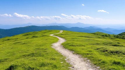 Fototapeta premium Mountain Path Winding Trail Lush Grasslands Serene Landscape High-resolution Panorama View Green Hills Journey Ahead Mountain Range Background Vibrant Sunny Mood Travel Brochure Imagery