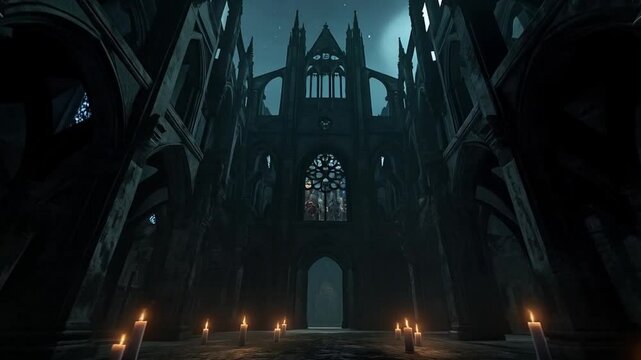 A dark, empty cathedral with candles lit in the middle