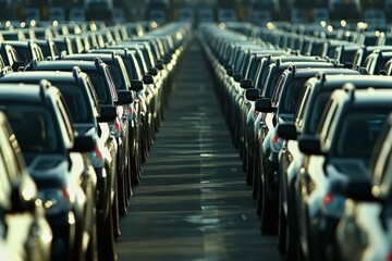Massive vehicle inventory.  Rows of parked cars line a roadway