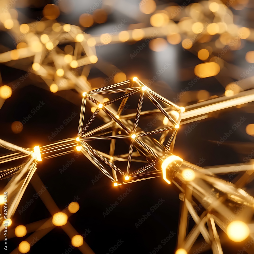 Poster golden atom structure interconnected network abstract technology background image representation.