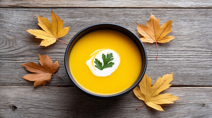 bowl of butternut squash soup with swirl of cream and parsley garnish sits on rustic wooden table, surrounded by autumn leaves, creating cozy fall atmosphere